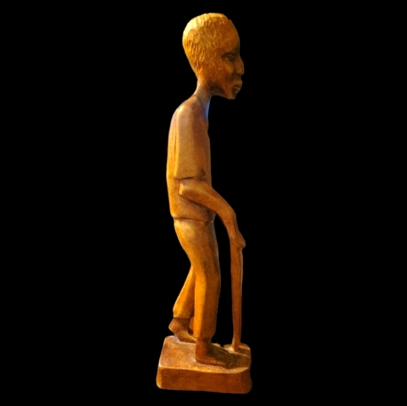 Vtg Hand Carved Wooden Sculpture Art Statue Man Came Walking Stick Barefoot - Picture 4 of 4